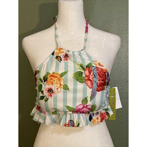 Gianni Bini Sz M Bikini Top High Neck Halter Floral Stripe Padded Beach Swim NWT